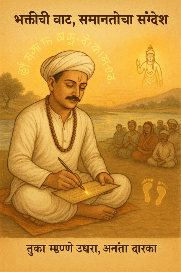 Illustration of Sant Tukaram writing abhangas beside the Indrayani River, surrounded by devotees, with Vitthal’s footprints and sunrise in the background.