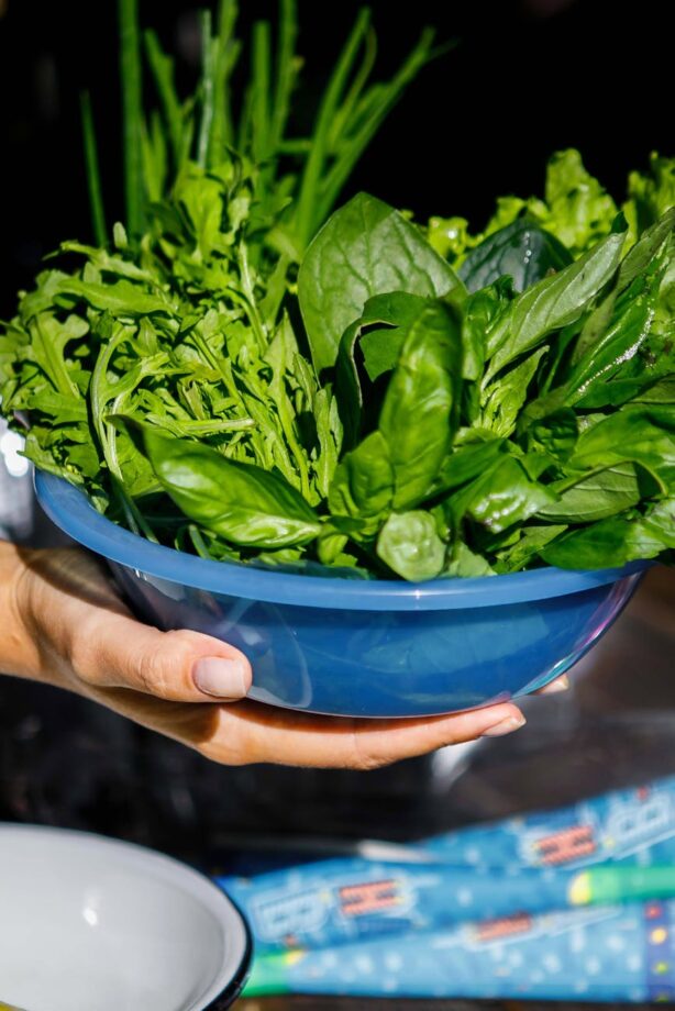 fresh green vegetables in blue bowl